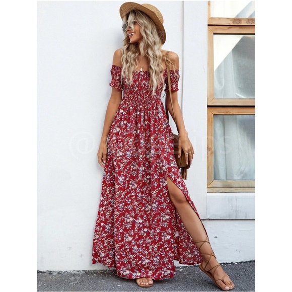 Rouge! Dresses & Skirts - Floral Off Shoulder Burgundy Shirred Top Maxi Dress Leg Slit Flowy Short Sleeves